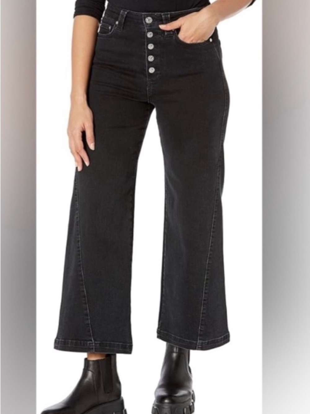 PAIGE Anessa Black Cropped Wide Leg Jeans, Size 27